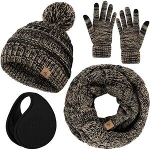 Women’s Beige black Knit Beanie Hat, Gloves, Scarf & Ear Warmer Set - Winter